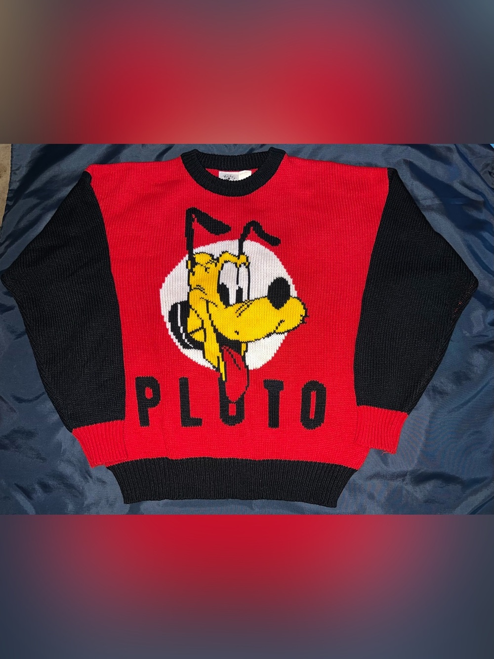 VTG Mickey & Co. Disney Pluto Character Red Black Knit Sweater Adult Pullover